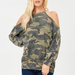Camo Cold Shoulder French Terry Sweat Top